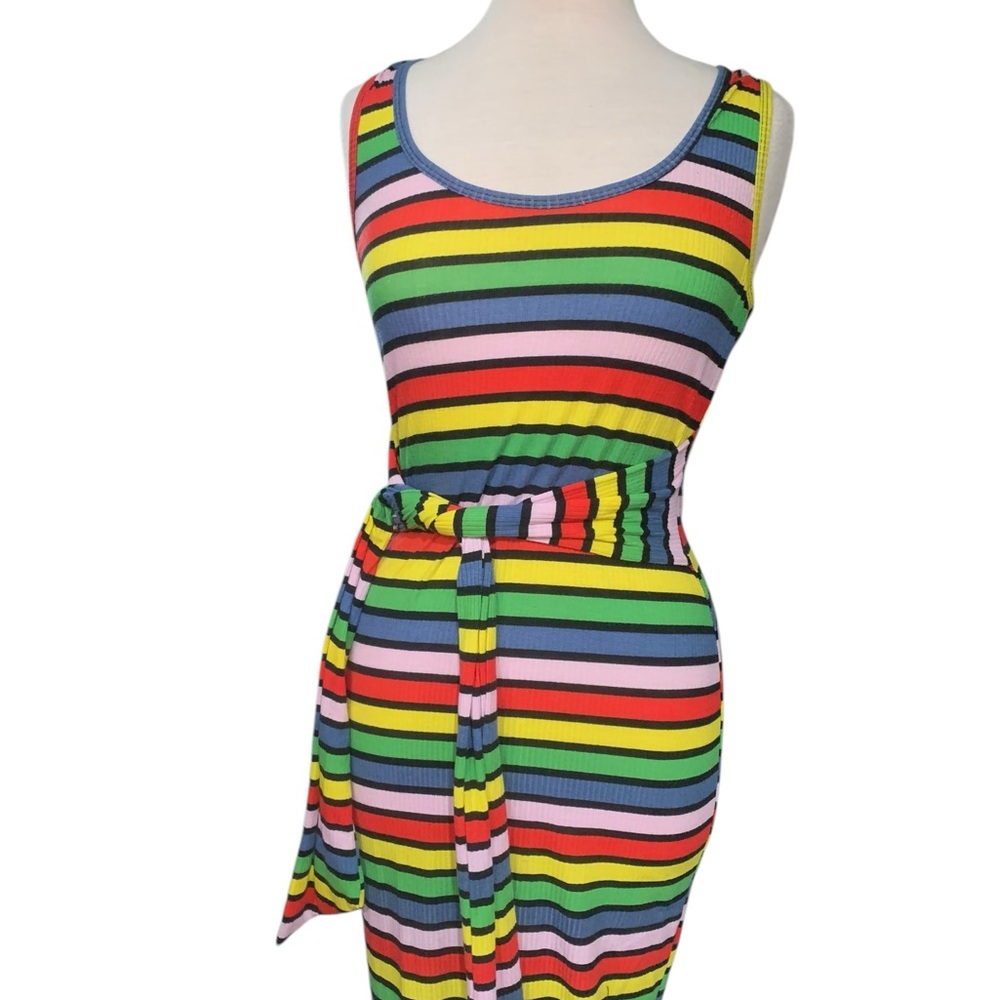 Vintage 90’s era rainbow striped bodycon maxi dress with waist tie size M - Picture 2 of 5